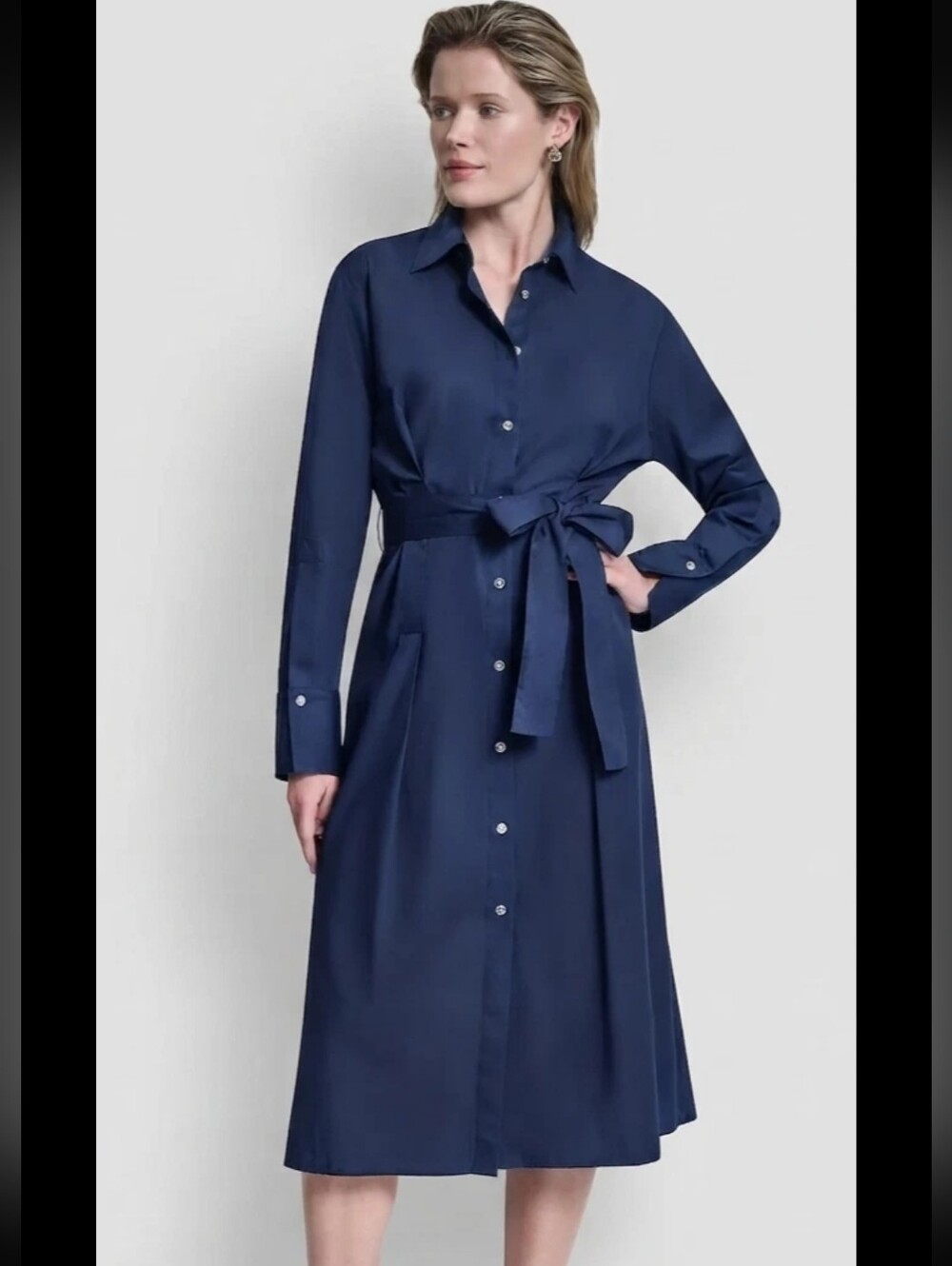 DKNY Size 2 Blue Satin Maxi Shirt Dress Button Front Long Sleeve $169 No Belt